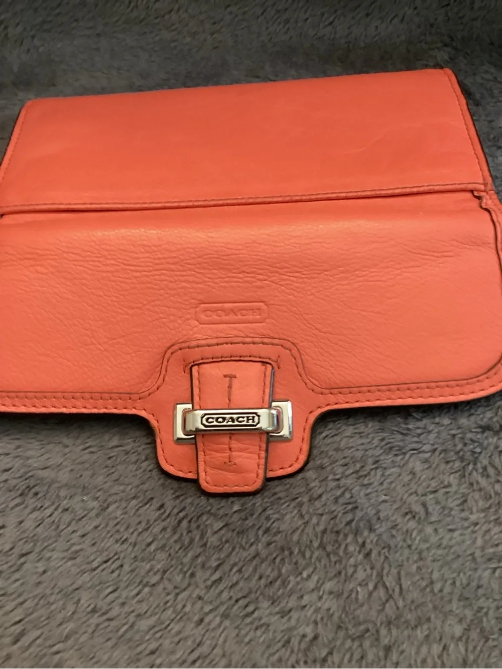 COACH Salmon Colored Vintage Leather Flap Wallet with Signature Buckle